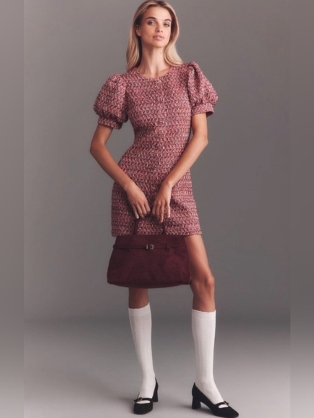 Anthropologie Pink Tweed Puff-Sleeve Mini Dress